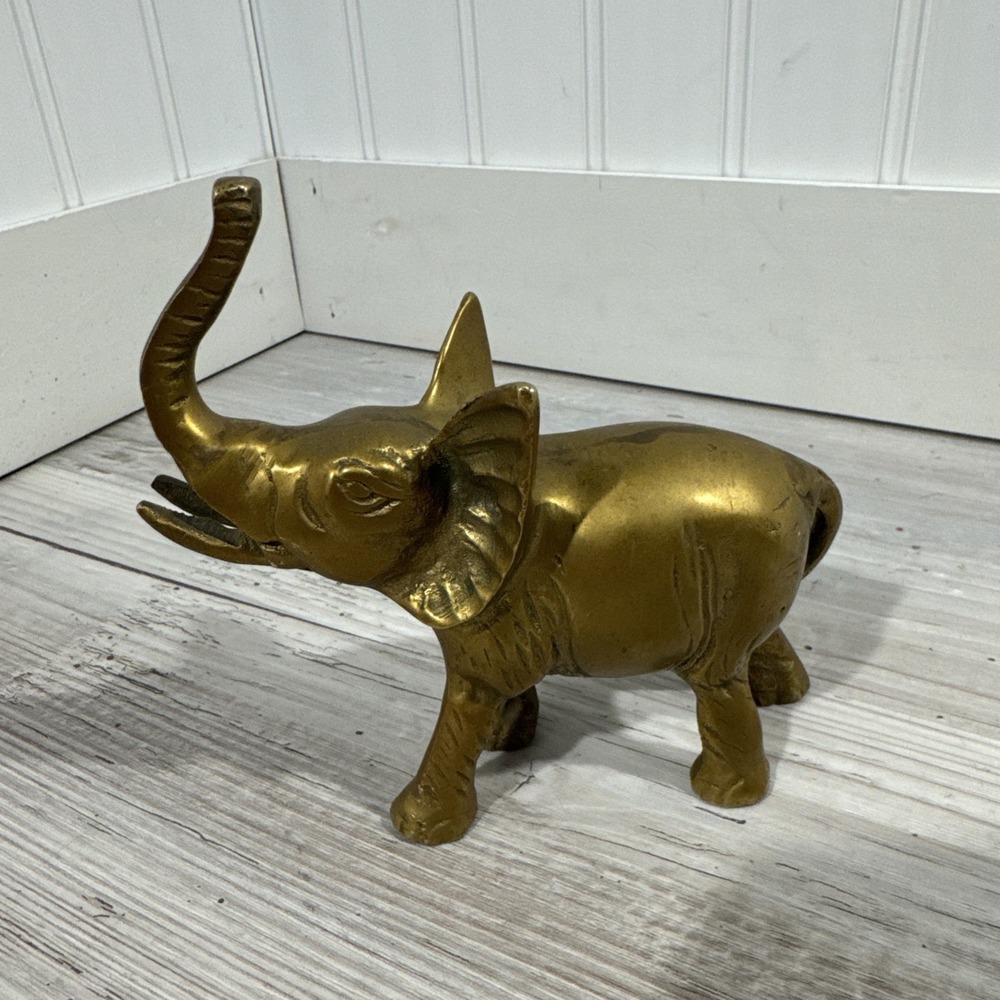 Vintage Heavy Solid Brass Elephant Statue Figurine‎ Trunk Up Good Luck 4.5"